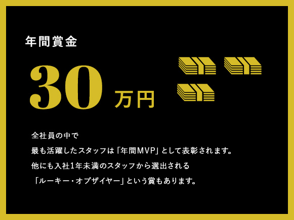 年間賞金50万円 全社員の中で最も活躍したスタッフは「年間MVP」として表彰されます。他にも入社1年未満のスタッフから選出される「ルーキー・オブザイヤー」という賞もあります。